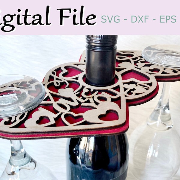 Wine Butler Svg, Archivo digital Valentine Wine Caddy, Portabotellas de copa de vino, Archivo cortado con láser, Glowforge Svg