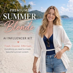 May include: A white open-front cardigan worn over a navy blue tank top and blue denim shorts. The image features text that reads: PREMIUM SUMMER Blonde AI INFLUENCER KIT. Fresh. Coastal. Effortless. Everything you need to create beautiful summer content.