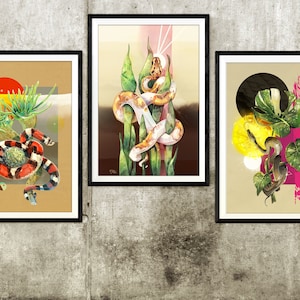 Botanical Snake Art Print: Pied-Ball Python with Tropical Plants - Reptile Lover Home Decor
