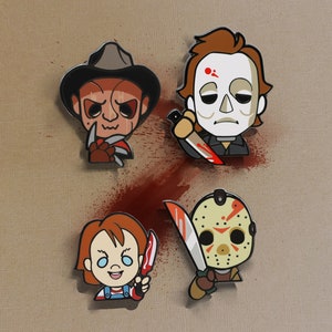 80s Horror Icons Enamel Pins: Freddy, Jason, Chucky & Michael Myers - Classic Slasher Villains Collection