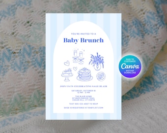 Może przedstawiać: Jasnoniebieskie zaproszenie na baby brunch z pionowym paskiem w tle. Zaproszenie zawiera ilustracje kieliszków do szampana, ciasta, naleśników i kwiatów. Tekst zawiera "Baby Brunch" i szczegóły wydarzenia. Widoczne logo Canva.