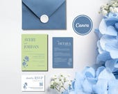 Blue Hydrangea Wedding Invite Suite, Lime Green Floral Wedding Invitation Set, Hand Drawn Flowers, Bold Colors, Editable Template