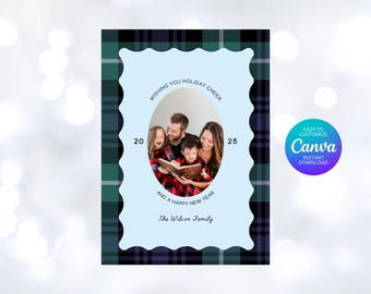 Fotokerstkaart, kerstkaart marineblauwe tartan, blauwe en groene plaid, traditionele kerstkaartsjabloon, illustraties niet bewerkbaar