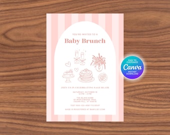 May include: Baby Brunch invitation with a pink and white striped background. The invitation features illustrations of brunch items like cake, pancakes, and champagne glasses. Text includes event details and a Canva logo.