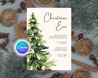 May include: Christmas Eve invitation with a watercolor Christmas tree illustration. The invitation includes event details: date, time, location, and RSVP information. The design features a festive theme with a cozy holiday gathering message.