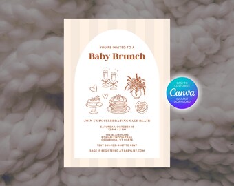 Editable Hand Drawn Gender Neutral Baby Shower Brunch Invite, Baby Brunch Invitation Template, Whimsical Baby Brunch, Images Not Editable