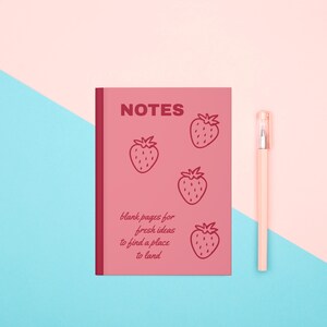 Cherry Red Ruled Journal, Ruled Notebook, Pink & Red Strawberry Pattern, Pink Strawberries Hard Cover Diary