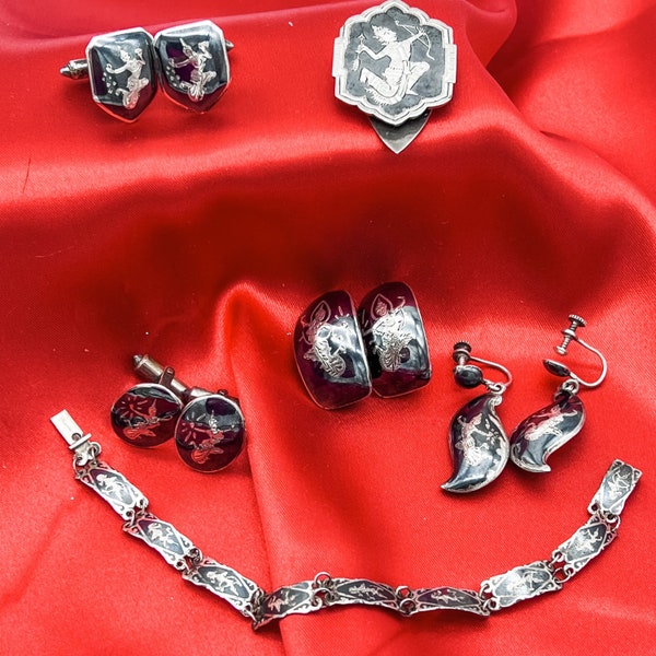 Siam Nielloware/Thai Sterling Silver/Vintage Jewelry Collection/Earrings/Bracelet/Cufflinks/Dress Clip/1950s