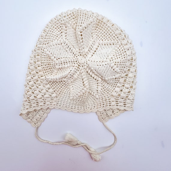 Hand Filet Crocheted Ecru Cotton Baby Bonnet/Hat/… - image 4