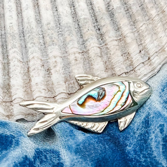 Alpaca Silver and Abalone Mexican Fish Pin/1970s - image 1