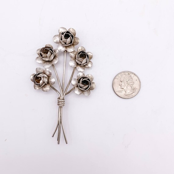 1940s Coro Sterling Silver 5-Rose Floral Brooch - image 9