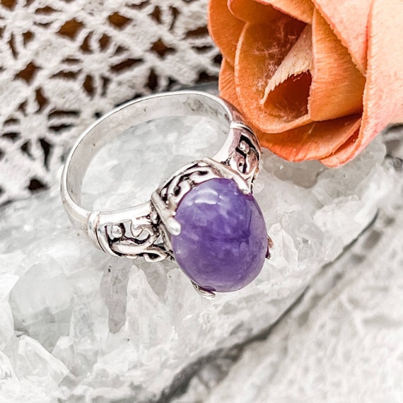 Amethyst Cabochon and Sterling Silver Vintage Rin… - image 1