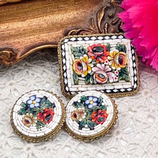 Italian Micromosaic DemiParure/Floral Design Brooch and Clip-on Earrings/1960s