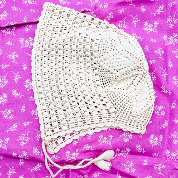 Hand Filet Crocheted Ecru Cotton Baby Bonnet/Hat/… - image 1