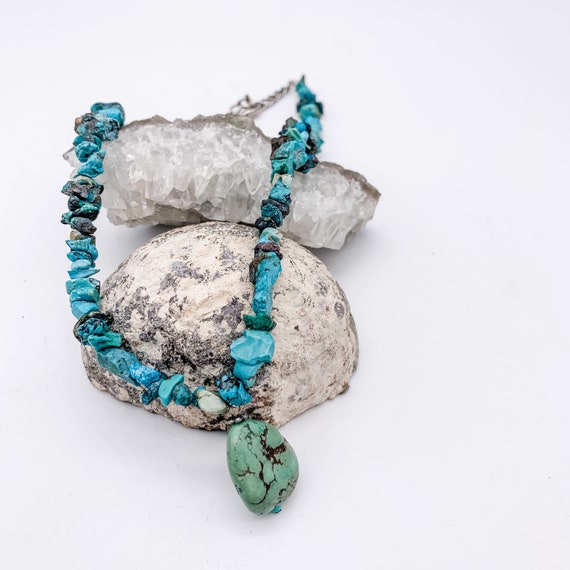 Chunky Natural Turquoise Pendant Necklace/Boho/So… - image 1