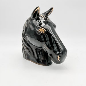 Horse&#39;s Head Ceramic Figurine/Black with Gold Trim/Wales China/MCM/1960s