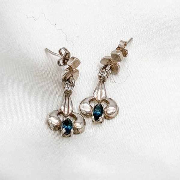 Estate Artisan-made Sterling Silver and Rhinestone Drop Stud Earrings/Art Nouveau Style