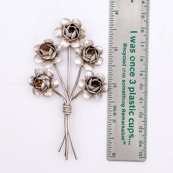 1940s Coro Sterling Silver 5-Rose Floral Brooch - image 7