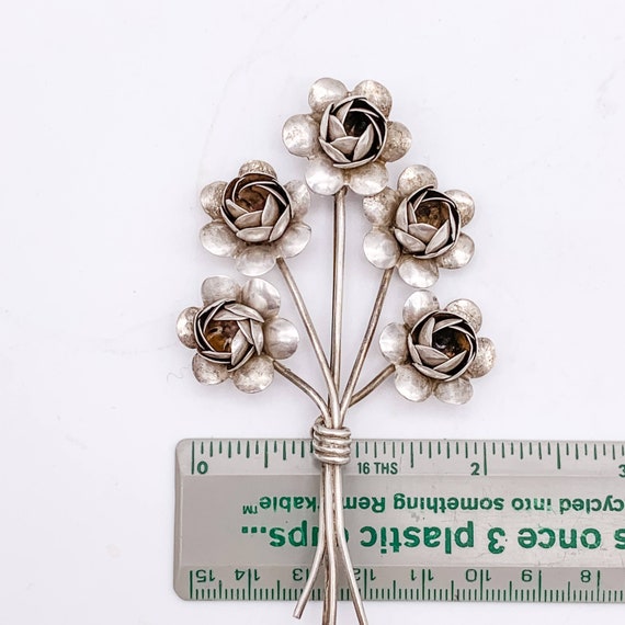 1940s Coro Sterling Silver 5-Rose Floral Brooch - image 8