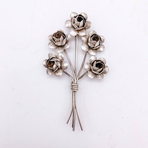 1940s Coro Sterling Silver 5-Rose Floral Brooch - image 2