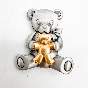 Jonette Jewelry (JJ) 1980s Teddy Bear Holding Teddy Bear Brooch/Pewter-tone and Gold-tone Metal