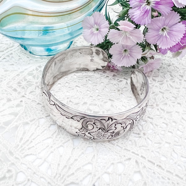 Sterling Silver Cuff Bracelet/S. Kirk & Sons/Floral Swirl Design/Blank space for engraving