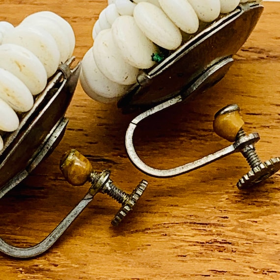 White Beaded Screw Back Earrings/"M" Germany/1940… - image 5