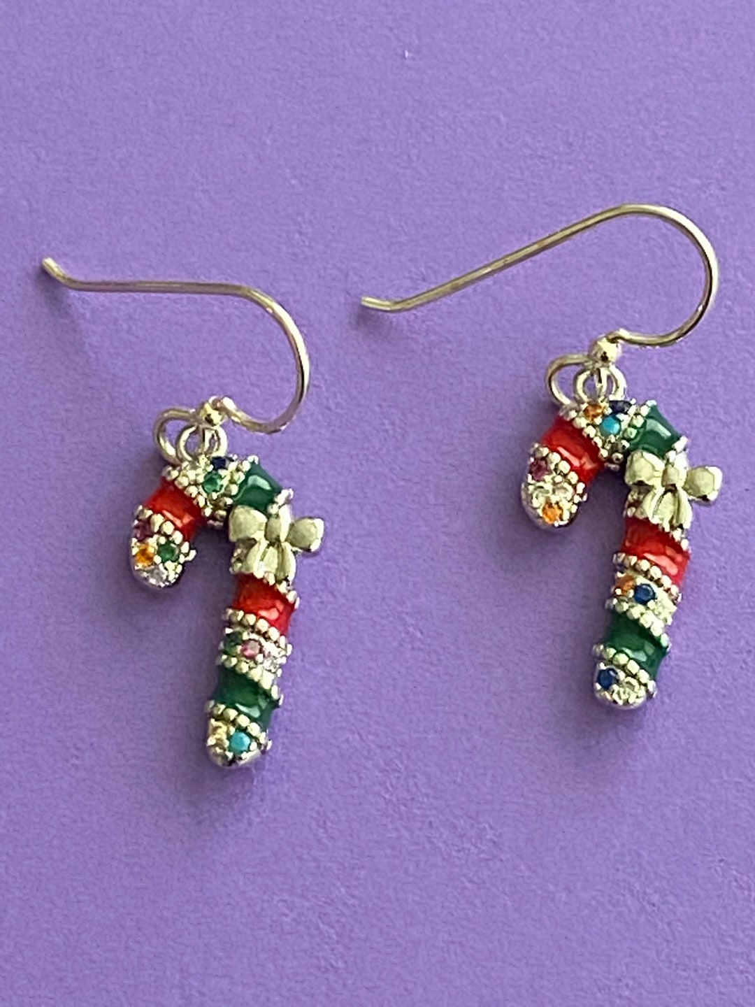 Silver Christmas Candy Cane Earrings 925 Sterling Ear Hooks