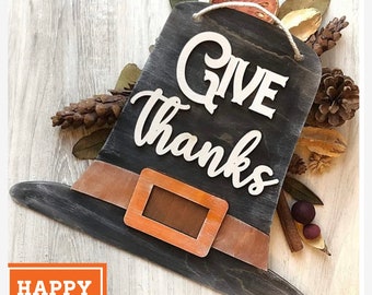 Fall Door Hanger, Thanksgiving Door Hanger, Give Thanks Door Hanger, Pilgrim Door Hanger, Wood Door Hanger, Pilgrim  Hat Door Hanger