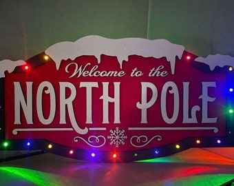 North Pole Sign, Christmas Sign, Lighted Christmas Sign, Christmas Door Sign, Christmas Decor, Christmas Wood Sign, Holiday Light Up Sign