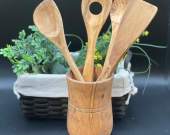 Round Olive Wood Utensil Holder W Utensils, Olive Wood Utensil Holder, Utensil Holder, Olive Wood Utensils,  Cooking Utensils, Olive Wood