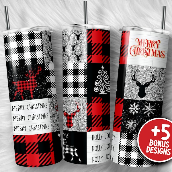 Merry Christmas Buffalo Plaid Christmas Tumbler Buffalo Plaid Deer 20oz Skinny Tumbler Sublimation Designs Christmas Wrap Tumbler Design