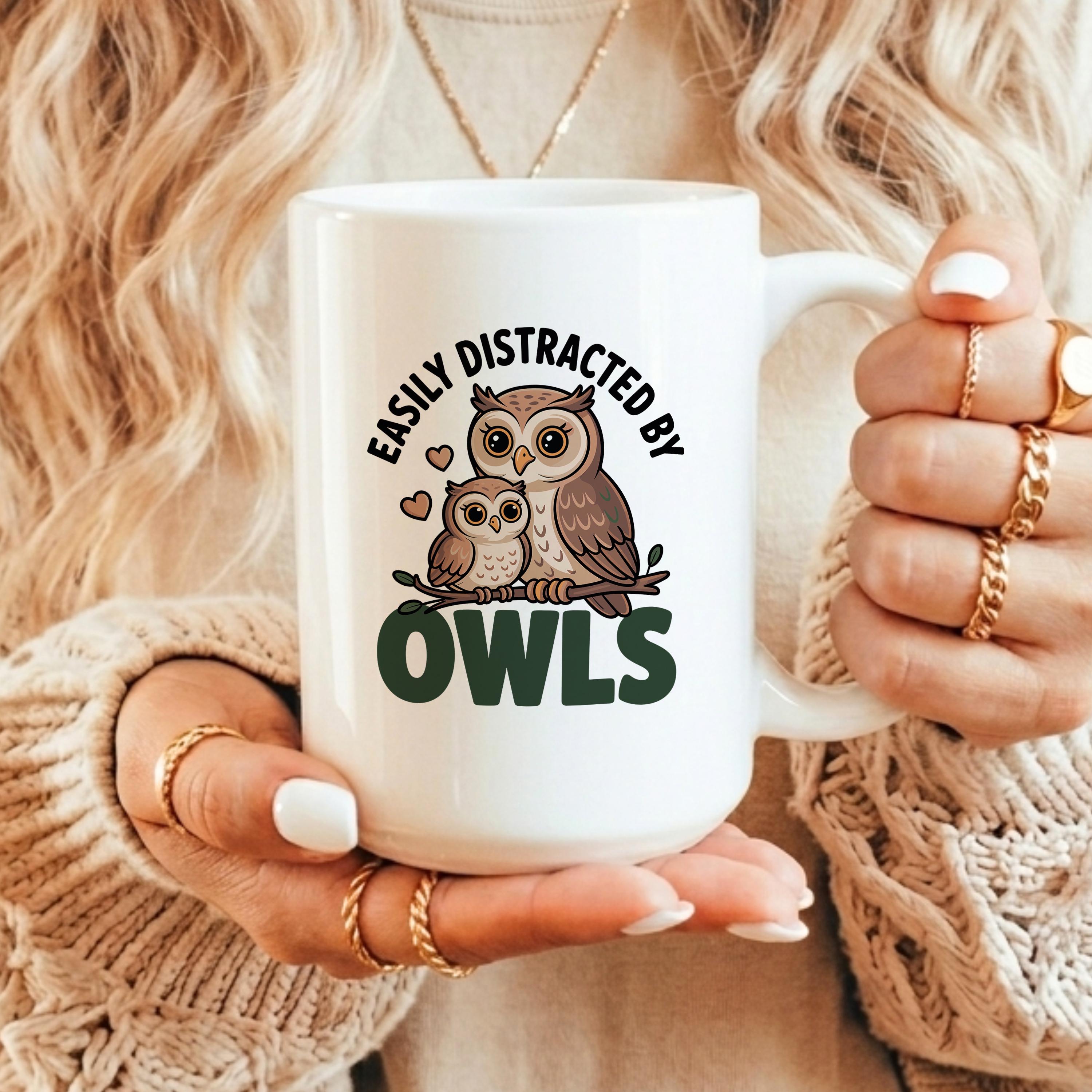 Personalized Owl Mug, Easily Distracted By Owls Custom Name Coffee Cup, Cute Mama Baby Owl Lover Gif