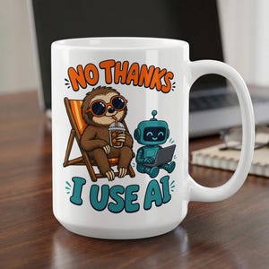 May include: A white ceramic mug featuring a graphic of a brown sloth wearing orange sunglasses, sitting in a lounge chair and holding a drink, next to a small blue robot using a laptop. The text reads NO THANKS I USE AI in orange and blue.