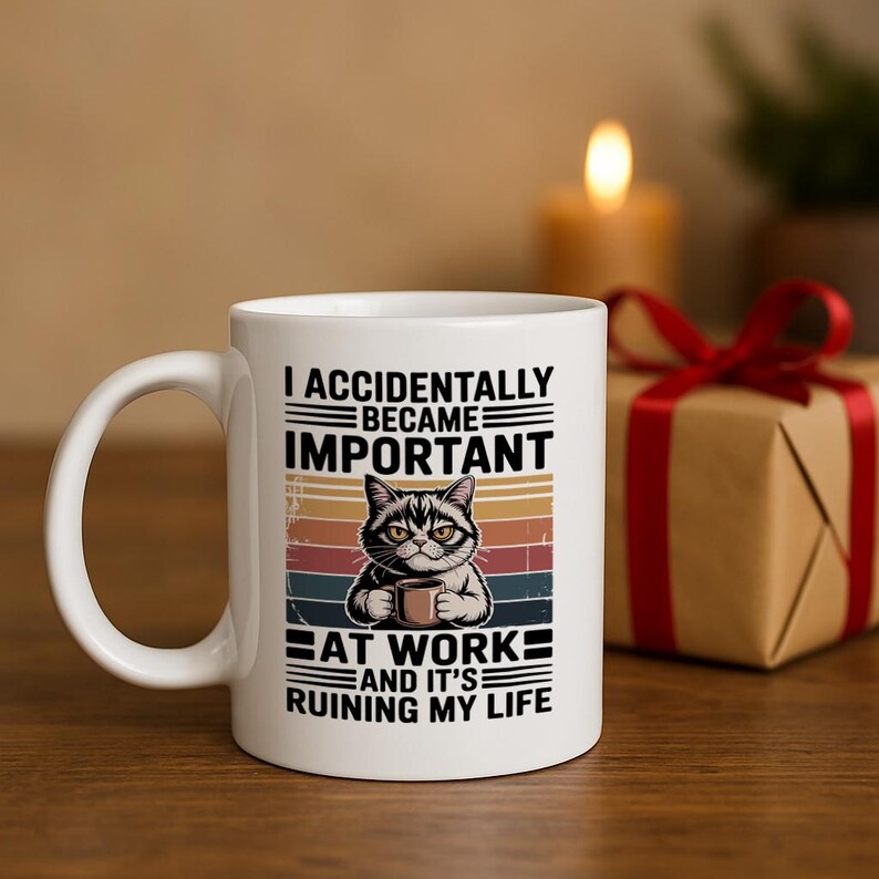 K&ouml;nnte beinhalten: Wei&szlig;e Keramiktasse mit dem Text "I accidentally became important at work and it's ruining my life." Die Tasse zeigt eine Cartoon-Katze, die eine Kaffeetasse h&auml;lt. Der Hintergrund hat ein Retro-Farbschema.
