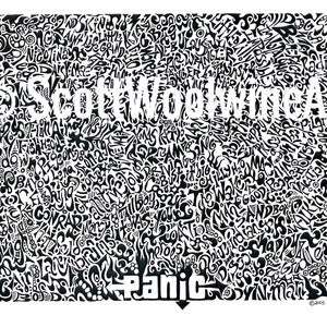 Peut inclure: Impression d'art abstrait en noir et blanc avec le texte "Scott Wooldridge Art" et "Panic" en bas. L'impression est remplie de différents mots et motifs.