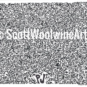 May include: A black and white abstract art print featuring the text "Scott Weintraub" in the centre. The print is filled with a variety of words and phrases, including "Mankind", "Once", "PJ", and "Songs".