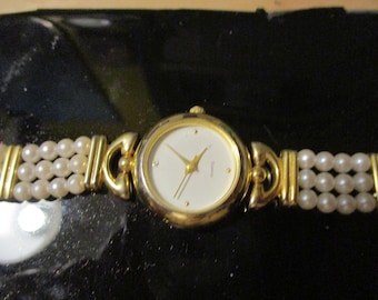 RARE Triple Strand Pearl Bracelet Watch with Gold Face and Links -