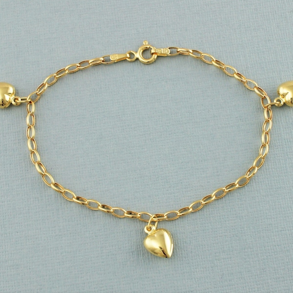 9ct Yellow Gold Belcher Chain Three Heart Charm Bracelet 18.5cm / 7.2 inch