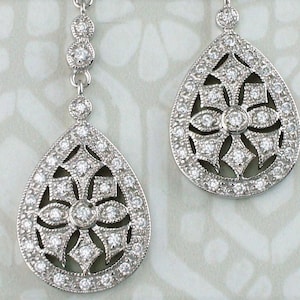 Art Deco Style Solid Silver Pear Shaped CZ Large Drop Earrings