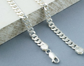 Silver Curb Chain - Heavy 925 Solid Sterling Silver Diamond Cut Curb Chain Necklace 7.5mm - 925 Silver Chain