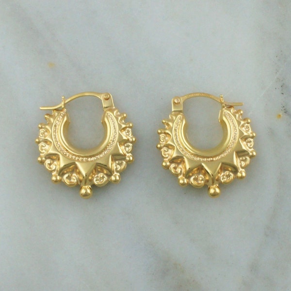 9ct Yellow Gold Victorian Style Spiked Round Creole Hoop Earrings 17mm