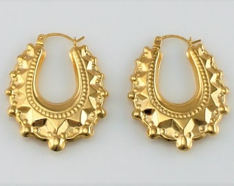 9ct Gold Victorian Style Spiked Oval Creole Hoop Earrings - Creole Earrings