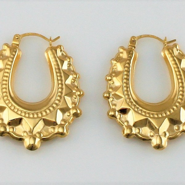 9ct Gold Victorian Style Spiked Oval Creole Hoop Earrings - Creole Earrings