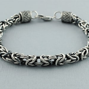 Mens Silver Bracelet - 925 Sterling Silver Oxidized Byzantine Bracelet 8 Inch - Byzantine Chain Bracelet - Silver Chunky Bracelet