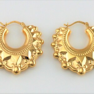 thumbnail interactive-video image 1 of 9ct Yellow Gold Victorian Style Large Gypsy Spiked Creole Hoop Earrings - UK Hallmarked 1 of 2