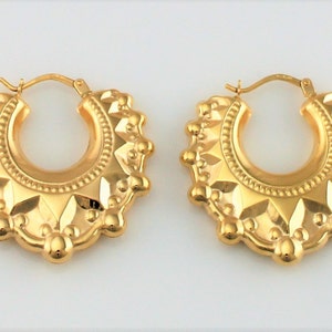 9ct Yellow Gold Victorian Style Large Gypsy Spiked Creole Hoop Earrings - UK Hallmarked