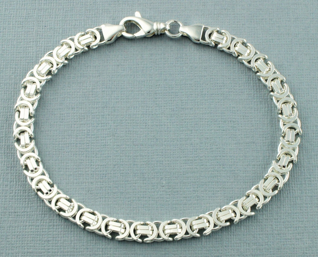 Mens Silver Bracelet 925 Sterling Silver Flat Byzantine Chain Bracelet Heavy Mens Silver