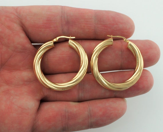 9ct Gold Chunky Twisted Round Hoop Creole Earrings 35mm 4.8mm