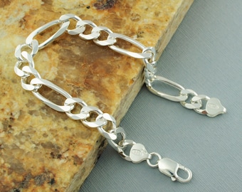 925 Sterling Silver Large Figaro Chain Bracelet 8.4mm / 8.5"Inch - Solid Silver Figaro Bracelet - Mens Silver Bracelet